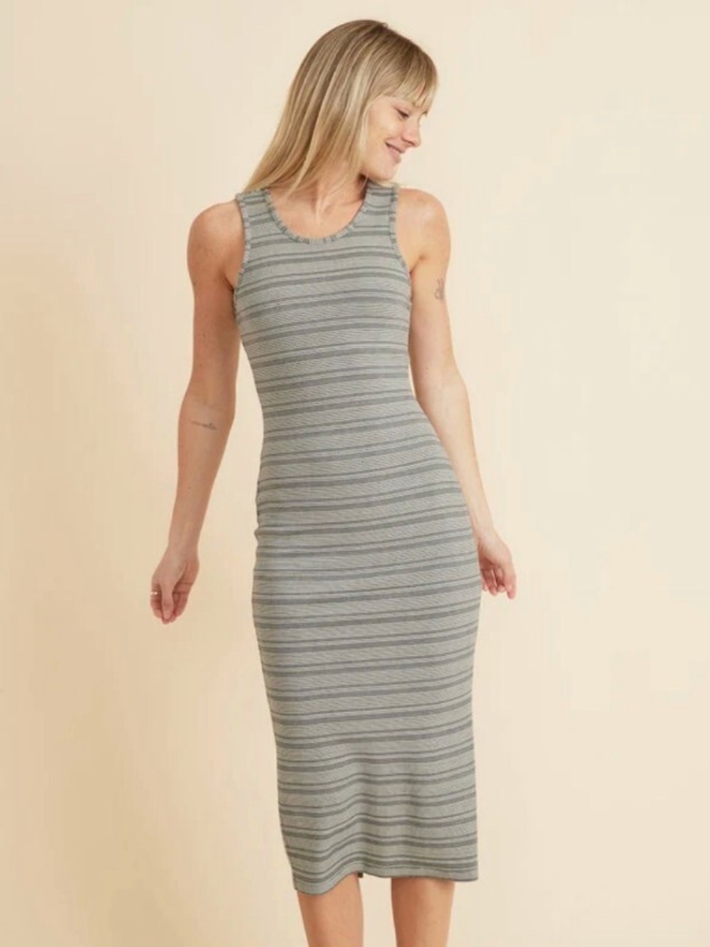 Sleeveless Gray Striped Midi Tank Dress